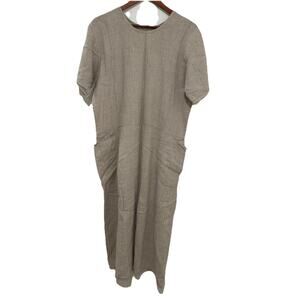 Vintage FLAX Jeanne Engelhart Tan Pinstriped Linen Short Sleeve Dress Pockets M